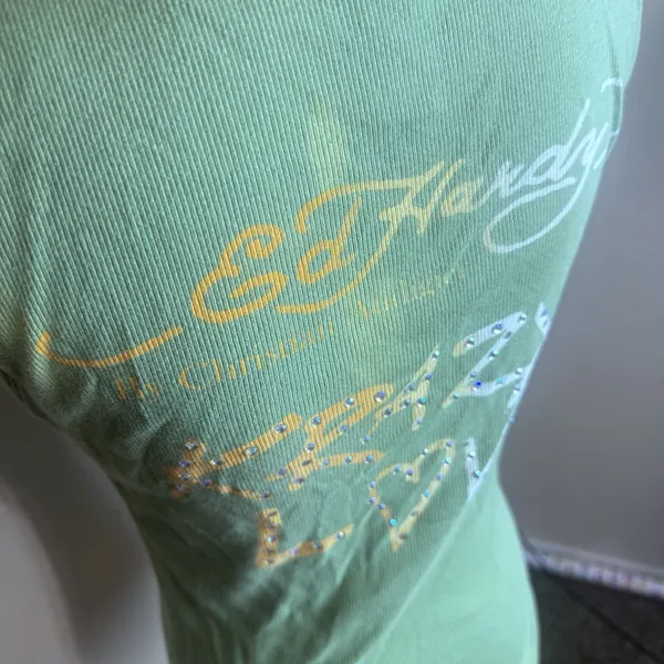 Ed Hardy Tank Top Size L Green Skull Heart Rhinestone Y2K Tattoo Krazy Love - Image 4