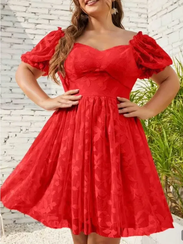 SBetro Plus 1XL Red Lace Overlay Puff Sleeve Sweetheart Mini Dress Coquette NWT - Image 15