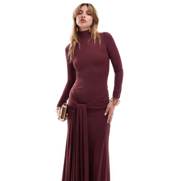 Bardot Alix Maxi Long Sleeve Turtleneck Draped Sash Ruched tie front dress US 6 - Image 4