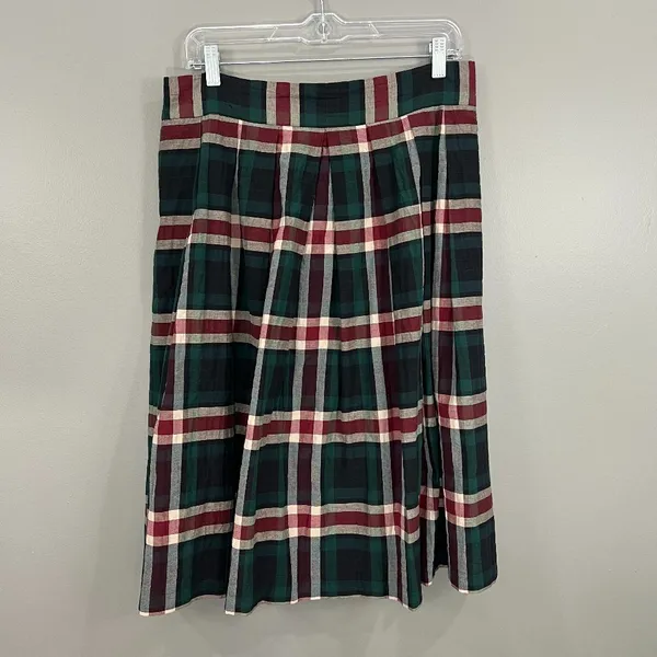 Cremieux Plaid Skirt Women 12 Green Burgundy Good Pleated A-Line Knee Length - Image 2