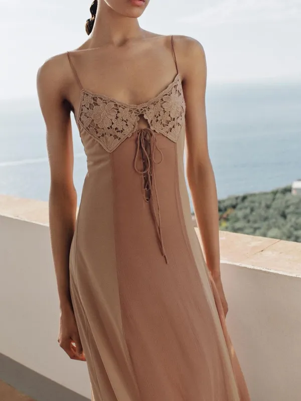 Zara NWT dusty pink Lace crochet bust Slip Maxi flowy mesh Dress - Image 5