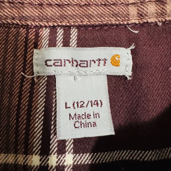Carhartt 100% Heavy Coton Womens Burgundy Plaid‎ Flannel Henley Popover Size L - Image 13