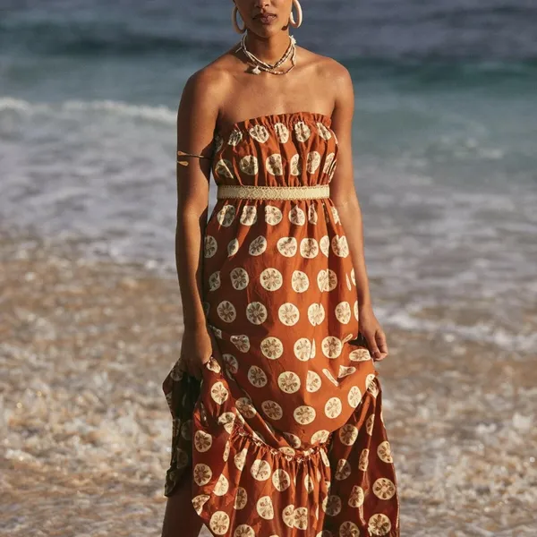 Free People Leanna Bandeau Strapless Maxi Summer‎ Boho Beach Dress Orange XS - Image 7