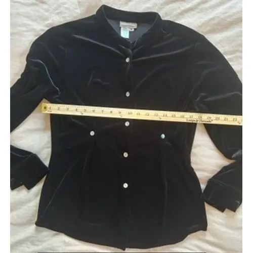 Coldwater Creek Black Stretch Velvet Button Down Mock Neck Top Small - Image 3