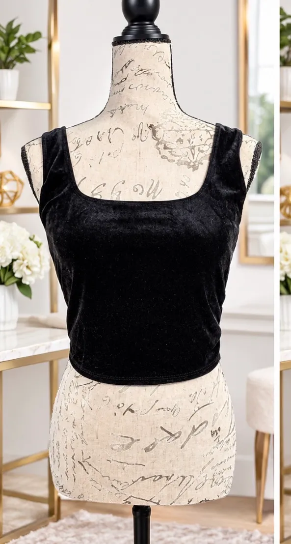 Bozzolo Black Velvet Square Neck Crop Tank Top - Size Large - Image 4