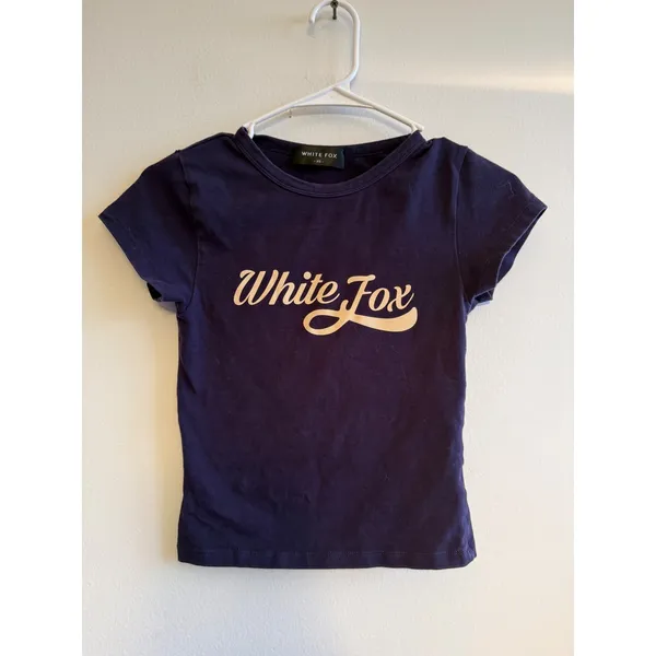 White Fox Boutique Women Navy Blue Graphic Logo Baby Tee XS Short Sleeve Shirt - Image 2