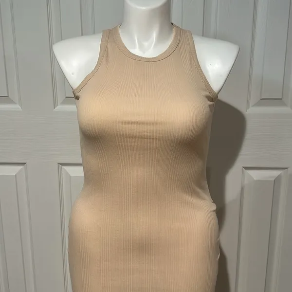 Aerie Ribbed Sleeveless Beige Midi Dress with side slit size small‎ - Image 2