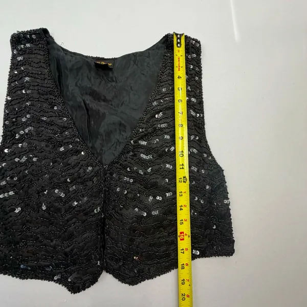 At Once Vintage Black Silk Beaded and Sequined Cropped Vest, Size Large - Image 3