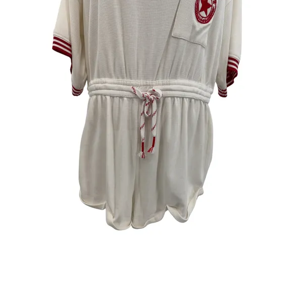 Anthropologie Waffle Knit Romper Varsity Stripe Deep V‎ Back White Red Large - Image 6