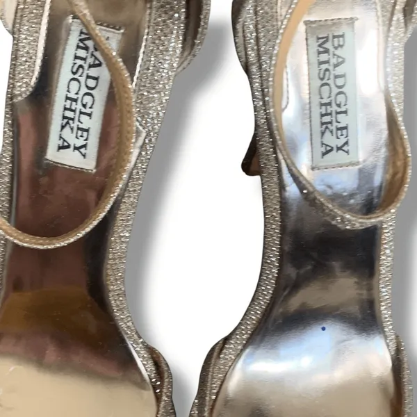 Badgley Mischka Gold Glitter Strappy Heels Ankle Strap Size‎ 9 Zip Back Bridal - Image 8