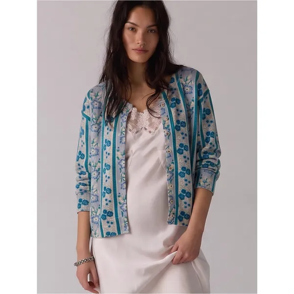Free People Nocturnal Cashmere Cardi Cardigan Sweater Cottage Blue Floral Large - Image 8