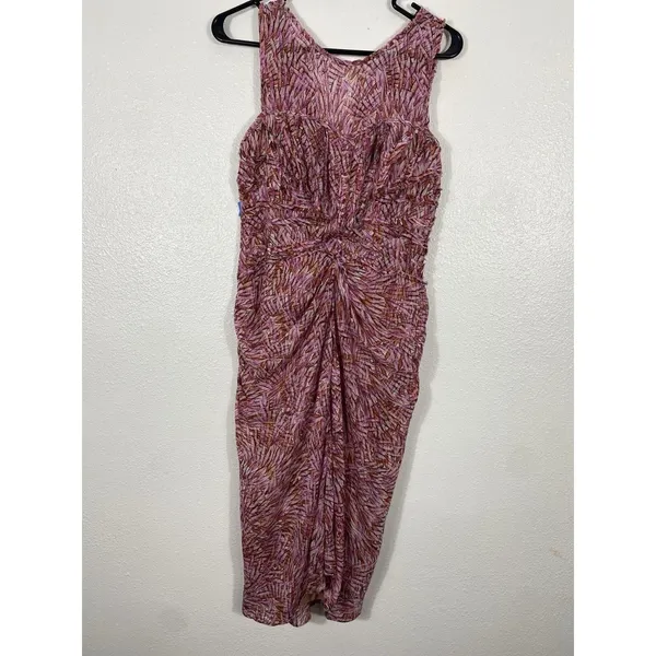 BCBGMAXAZRIA Pink Orange Abstract Print Ruched Draped Midi Dress Size 4 - Image 5