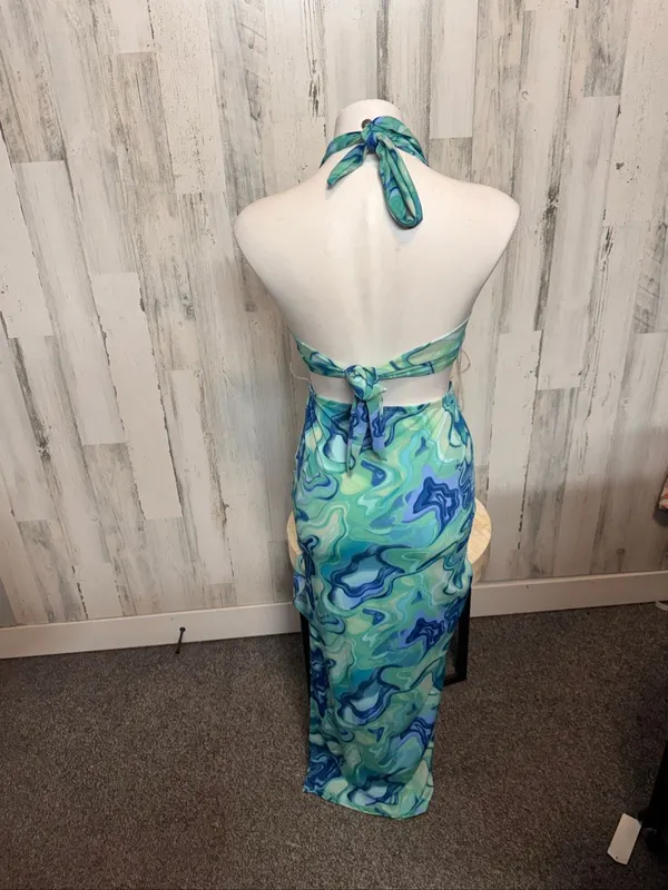 Haute Monde Cutout Maxi Dress Womens Small Blue Green Swirl O-Ring Halter Neck - Image 8
