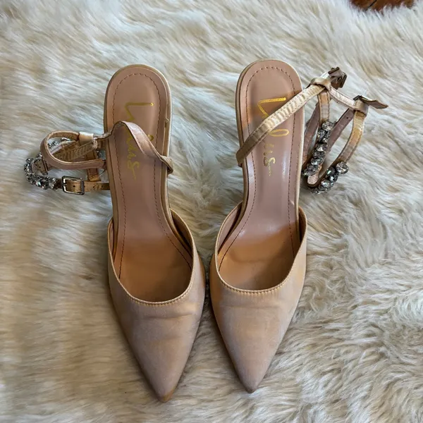 Lulu's Embellished Ankle Strap Champagne Satin Pointed Toe Heels - Image 3