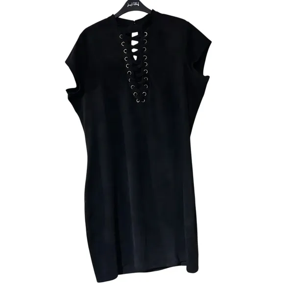 Ashley Stewart Mini Dress Black Faux Suede Corset Front SZ 18/20 Gothic Grunge - Image 2