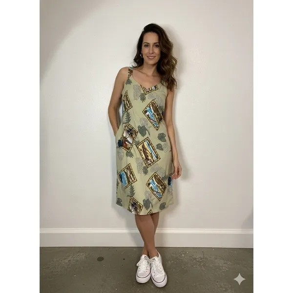 Hilo Hattie Hawaiian Dobby Rayon Sundress Beige Blue Green Size L - Image 14