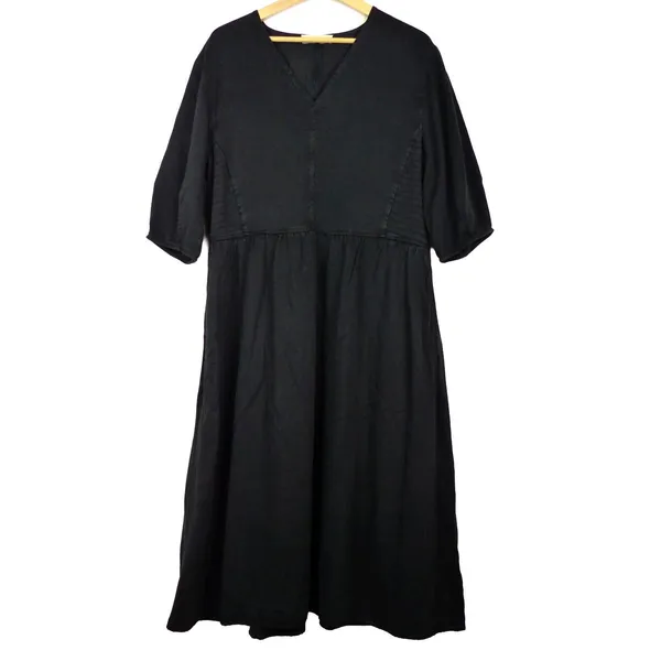 Everlane Tencel Puff Sleeve Dress Women L Black V Neck Midi Lagenlook Minimalist - Image 5