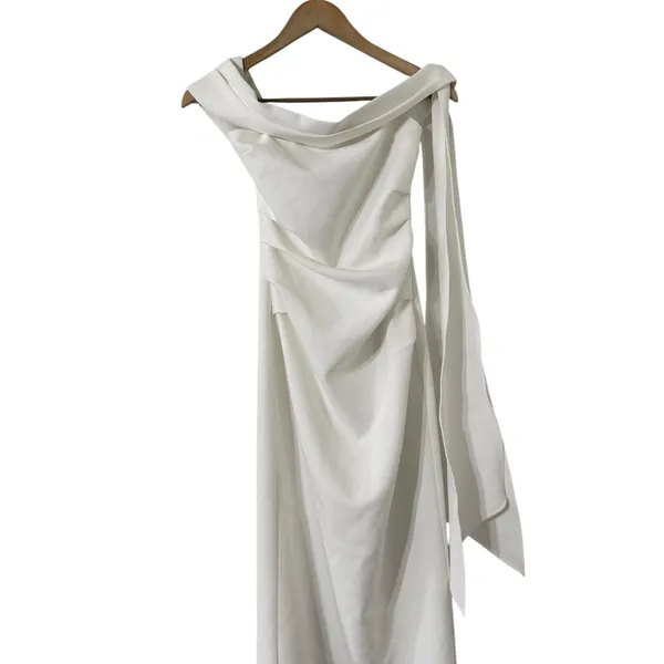 BABYBOO Addie Off Shoulder Ruched Ivory Crepe Maxi Dress - Image 4