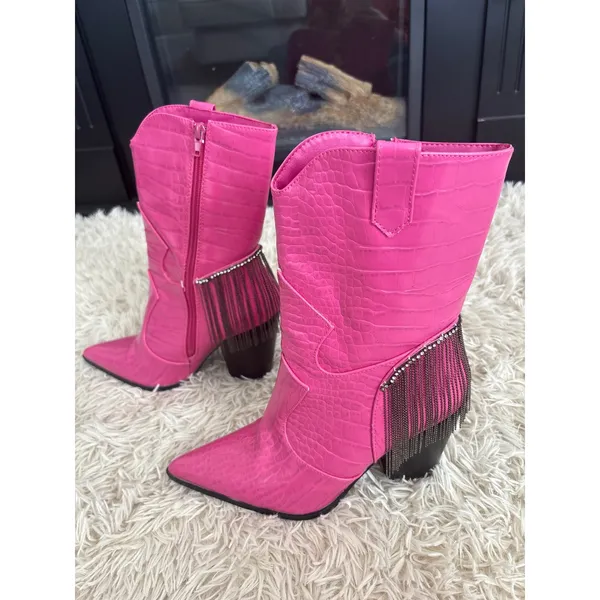 Hot Pink Crocodile Embossed Heeled Cowboy Boots Rhinestone‎ Fringe Women 8 NWOT - Image 4