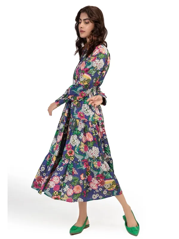 Maria B digital printed floral shirt dress boho smocked waist tiered S NWT - Image 2