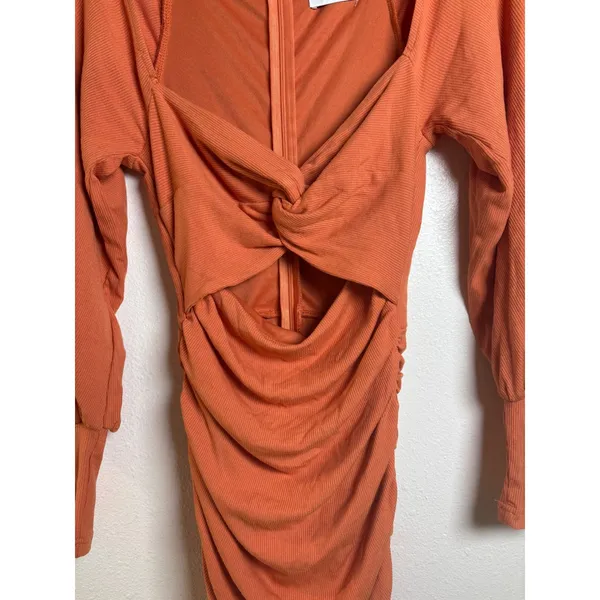 Hello Molly Dress Small Long Sleeve Cutout Ruched Mini Burnt Orange Ribbed Twist - Image 3