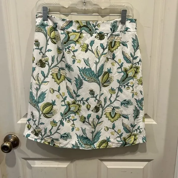 Ann Taylor LOFT Women 4 White Green Teal‎ Floral Linen Blend A-Line Mini Skirt - Image 2