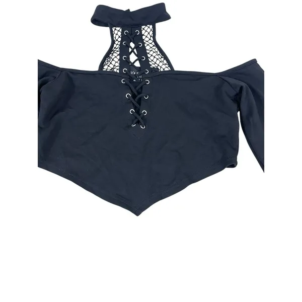 Killstar Black Gothic Crop Top Bell Sleeve Lace Up Choker Neck Witchy Emo M - Image 5