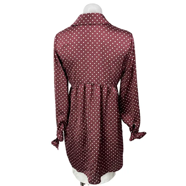 Zara Maroon Long Sleeves Silk Satin Polka Dots Tunic Blouse Shirt Dress Size M - Image 3
