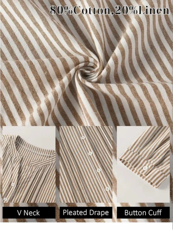 NEW Cotton Linen 3/4 Sleeve Button Down V Neck Pleated Shirt Top L - Image 7