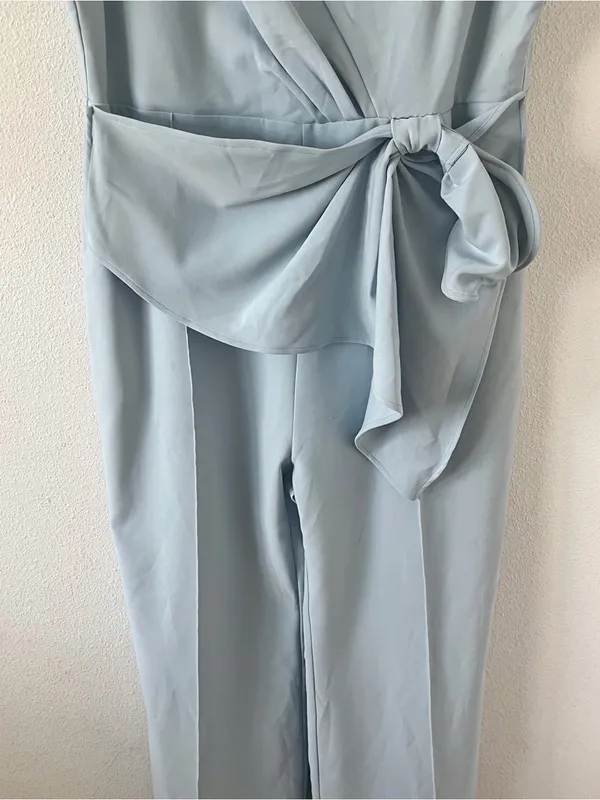 Fehaute Light Blue Bow Wide Leg Formal Sleeveless Boat Neck Pantsuit Jumpsuit - Image 5