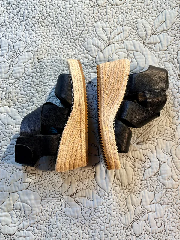 ☀️Eileen Fisher Willow Black Leather Espadrille Wedge Sandals Sz 7.5🧡 - Image 5