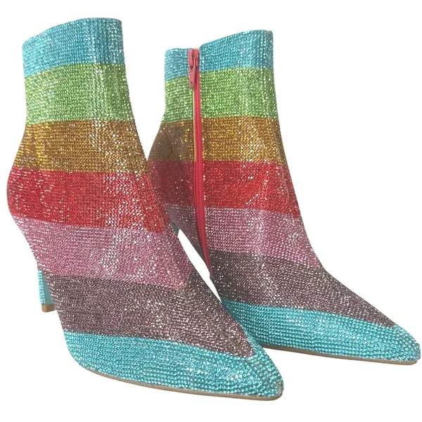 Betsey Johnson EMMY Rhinestone Ankle Boots Rainbow 8M Colorful Sparkle Stiletto‎ - Image 3
