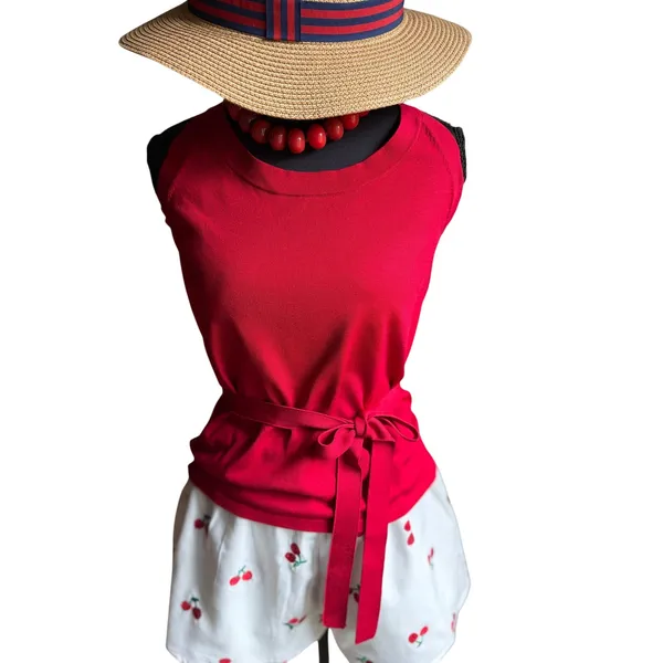 Ann Taylor Silk Blend Sweater Tank Medium Red Sleeveless Tie Waist Shell Top - Image 3