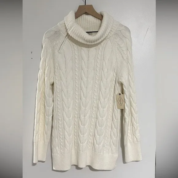 ST. JOHN'S BAY | NWT Woman's Cream Chunky Knit Zip Turtleneck Sweater, Size S‎ - Image 2