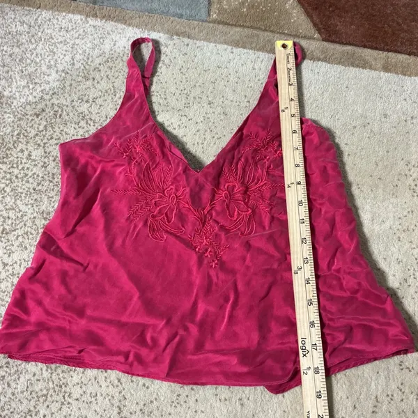 Satin Silk Floral Embroidered Cami Tank Top Women Medium Red V-Neck Strap - Image 2