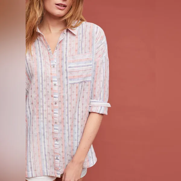 Maeve Anthropologie Breckenridge Striped‎ Polka Dot Button Boho Shirt Size S - Image 3