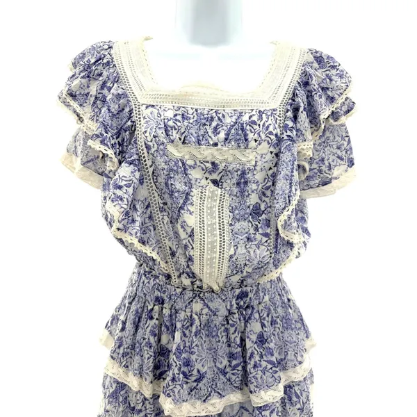 Olivaceous Floral Toile‎ Crochet Lace Tiered Ruffle Dress Cottagecore Small - Image 2