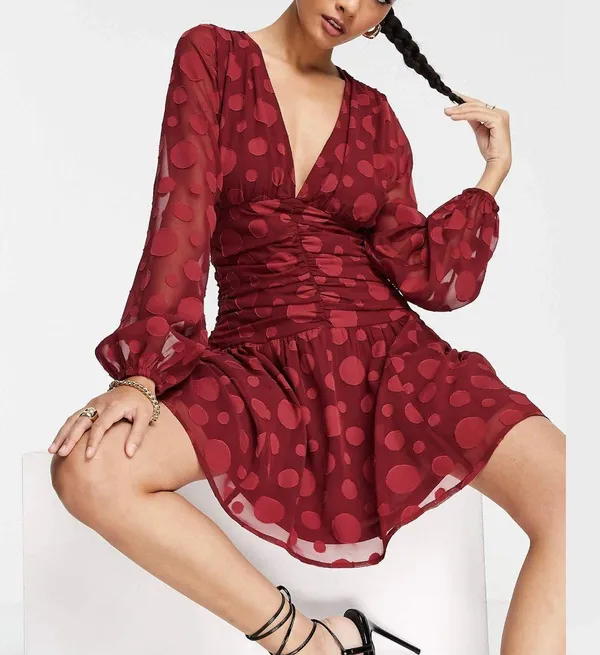 ASOS New Design V-Neck Ruched Waist Long Sleeve Skater Mini Dress Oxblood Size 0 - Image 2