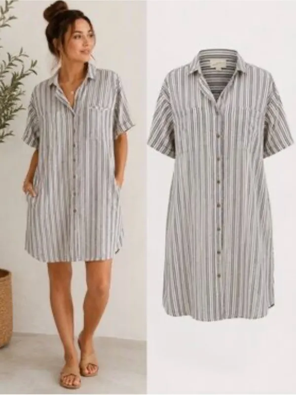 Universal Threads Striped Button-Front Mini Dress in Gray and White - Image 2