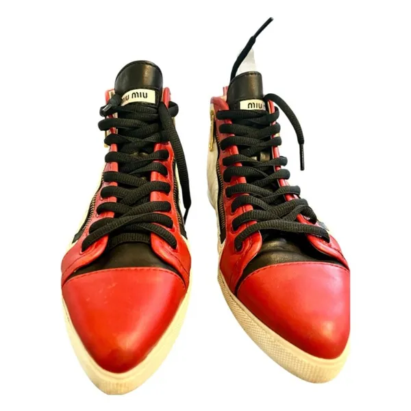 Miu Miu Prada Red White & Black Pointed Toe High Top Nappa Biker Sneakers - Image 2