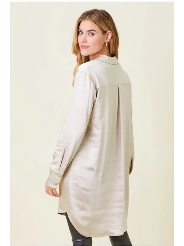 Mystree Long Satin Shirt Dress in Champagne Cream nwt - Image 2