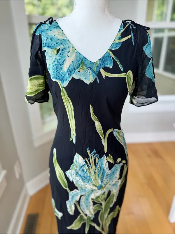 Vintage 90’s Dressbarn Black Blue Floral Beaded V Neck Bias Cut Slip Dress Sz M - Image 13