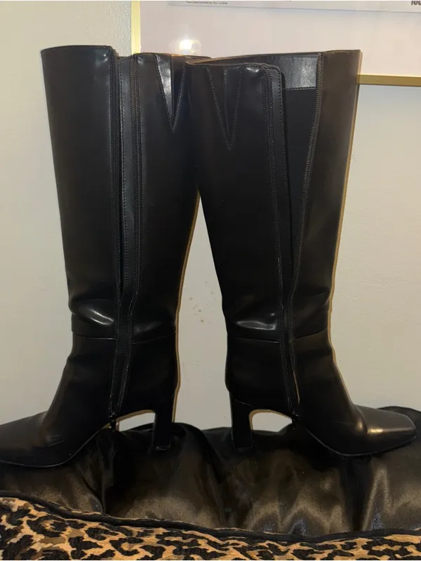 INC International Concepts Black Knee-High Leather Heeled Boots - Image 2