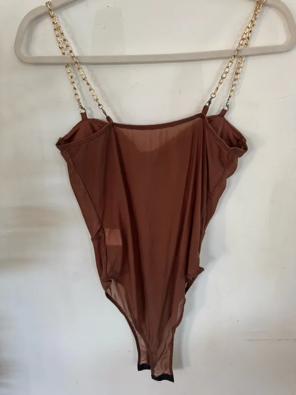 SHEIN Chocolate Brown Faux Leather Corset Bodysuit with Gold Chain Straps - Image 3