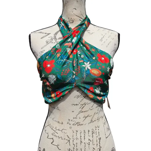 Out From Under Urban Outfitters NWT Green Botanical Floral Halter Crop Top Large - Image 2