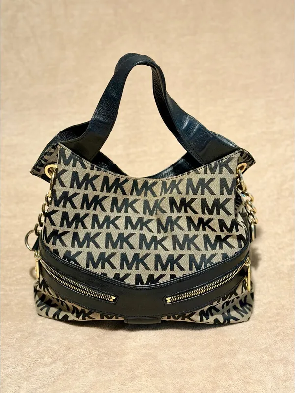 Michael Kors MK Signature Jacquard Hobo Shoulder Bag Black Beige Gold - Image 11