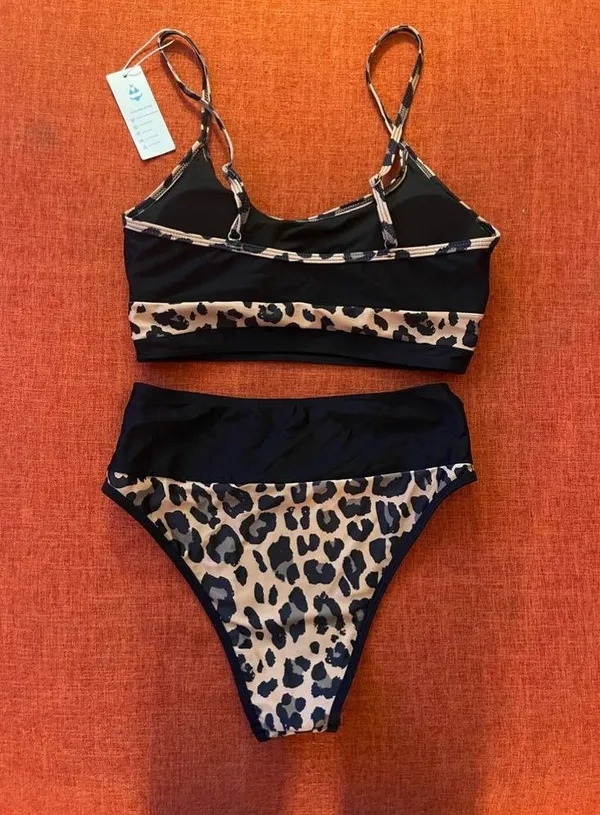 💛NWT Patchwork Leopard Print High Waisted Bikini Set, Size Medium Black - Image 4