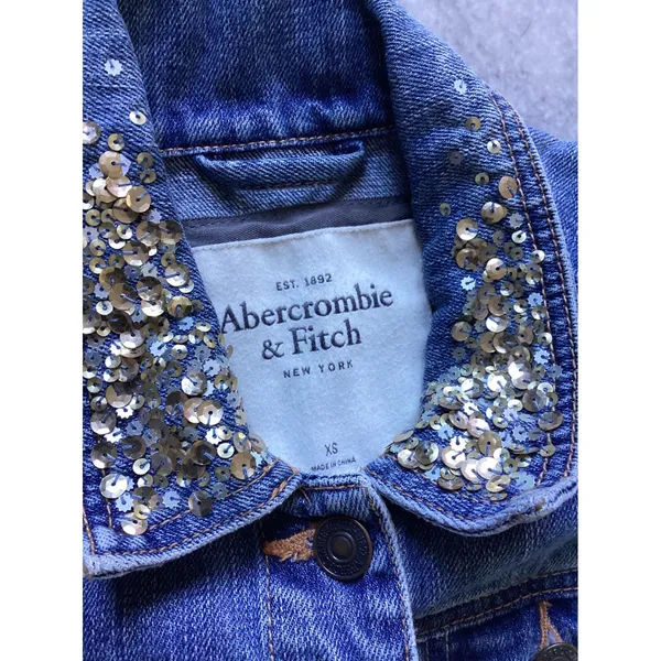 Abercrombie & Fitch Womens XS Blue Denim Vest Sequin Collar Distressed Jacket - Image 5