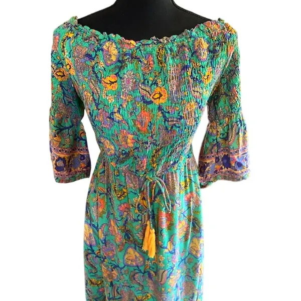 Patchouli Fair Boho Maxi Dress Boat Neck Paisley Floral Tassel L - Image 3