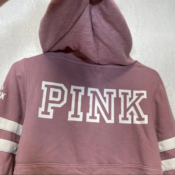 Pink Victoria’s Secret Dusty Pink & White Athletic Stripes ‎ Pullover Hoodie XS - Image 5